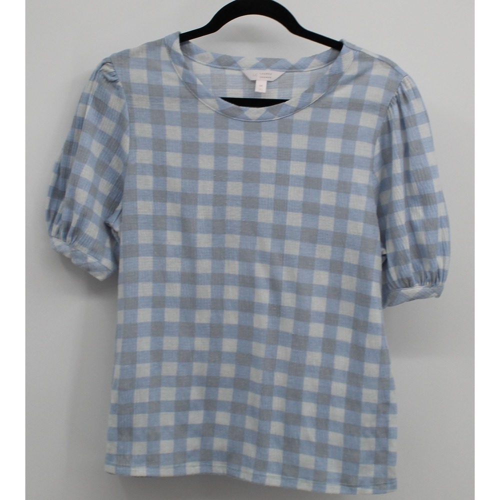 LC Lauren Conrade Blue and White Gingham Top Puff Sleeves MED Cottagecore Boho